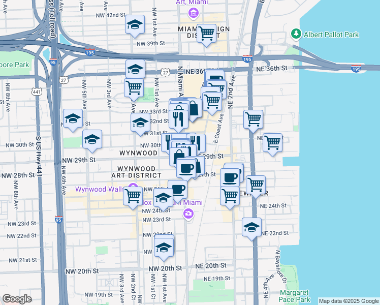 map of restaurants, bars, coffee shops, grocery stores, and more near 29 Northeast 29th Street in Miami