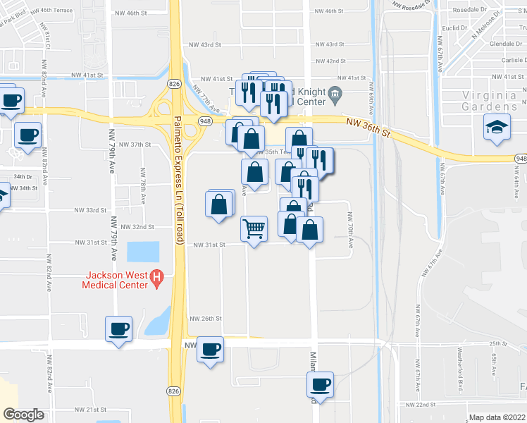map of restaurants, bars, coffee shops, grocery stores, and more near 3333 Northwest 31st Terrace in Miami