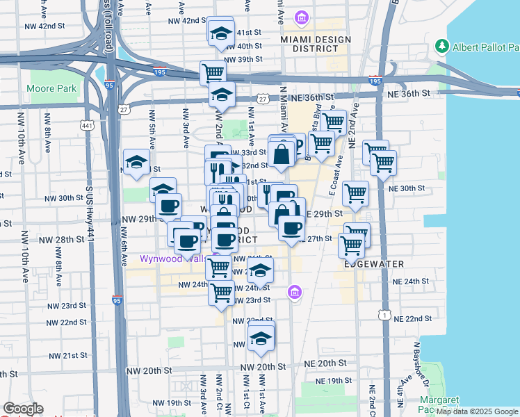 map of restaurants, bars, coffee shops, grocery stores, and more near in Miami