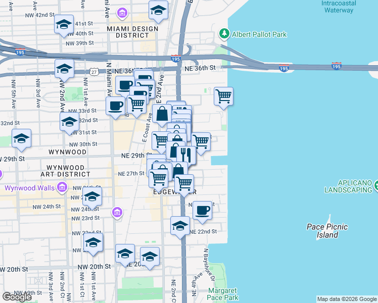 map of restaurants, bars, coffee shops, grocery stores, and more near 401 Northeast 29th Street in Miami