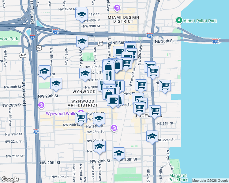 map of restaurants, bars, coffee shops, grocery stores, and more near 29 Northeast 29th Street in Miami