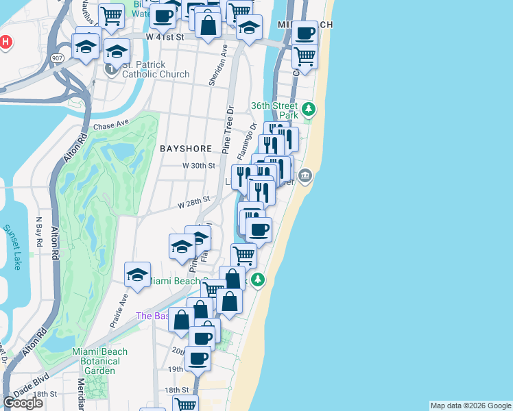 map of restaurants, bars, coffee shops, grocery stores, and more near in Miami Beach