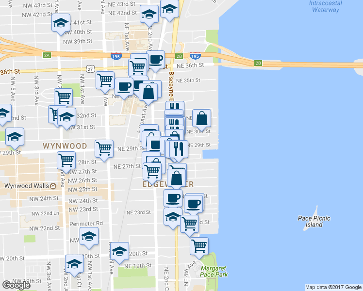 map of restaurants, bars, coffee shops, grocery stores, and more near 401 Northeast 29th Street in Miami
