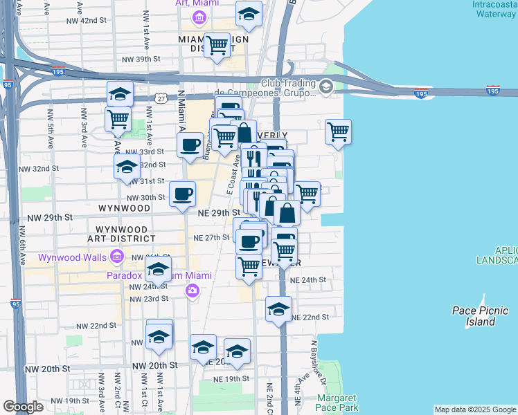map of restaurants, bars, coffee shops, grocery stores, and more near 257 Northeast 29th Street in Miami