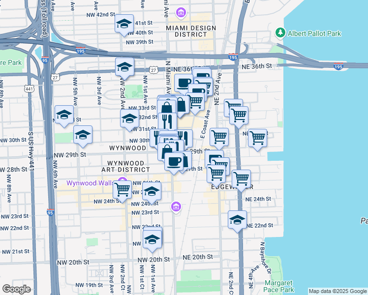 map of restaurants, bars, coffee shops, grocery stores, and more near 29 Northeast 29th Street in Miami