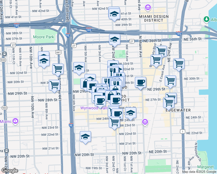 map of restaurants, bars, coffee shops, grocery stores, and more near 251 Northwest 29th Street in Miami