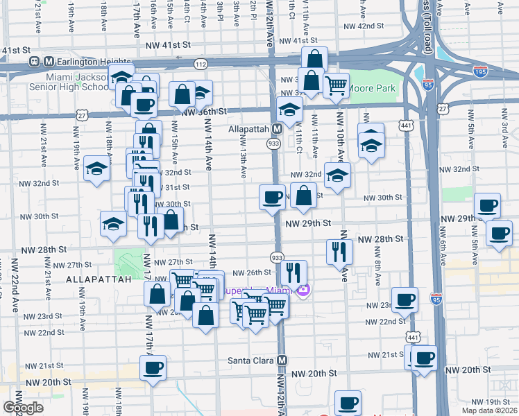 map of restaurants, bars, coffee shops, grocery stores, and more near 1286 Northwest 30th Street in Miami