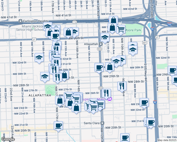 map of restaurants, bars, coffee shops, grocery stores, and more near 1286 Northwest 30th Street in Miami