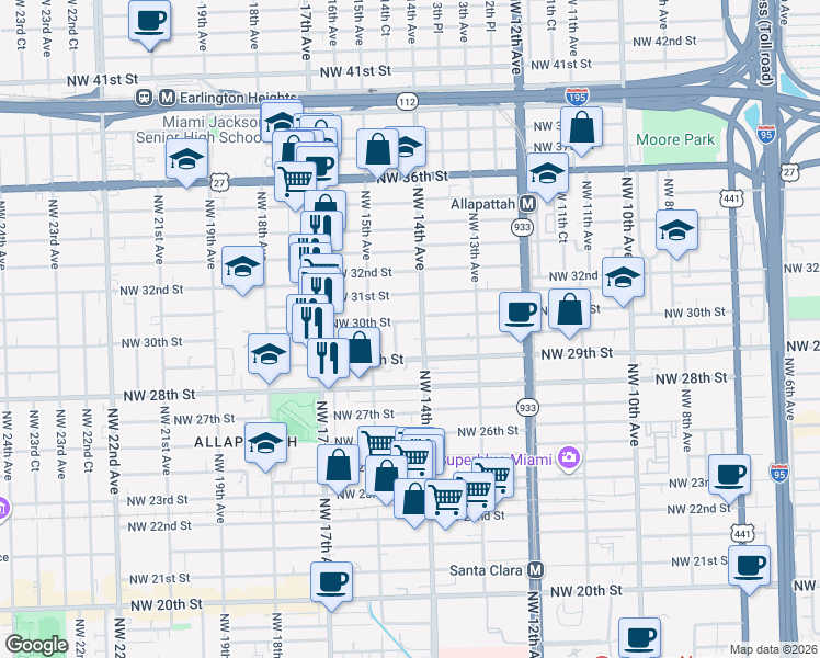 map of restaurants, bars, coffee shops, grocery stores, and more near 1410 Northwest 30th Street in Miami