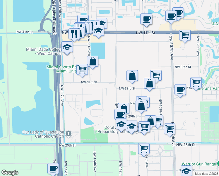 map of restaurants, bars, coffee shops, grocery stores, and more near 3300 Northwest 112th Avenue in Miami