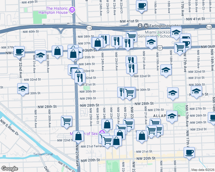 map of restaurants, bars, coffee shops, grocery stores, and more near 2354 Northwest 31st Street in Miami