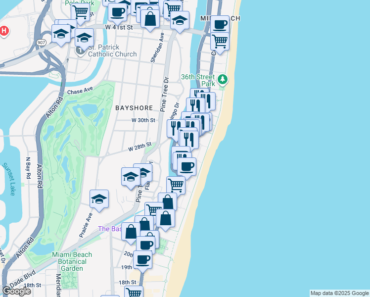 map of restaurants, bars, coffee shops, grocery stores, and more near 2800 Florida A1A in Miami Beach