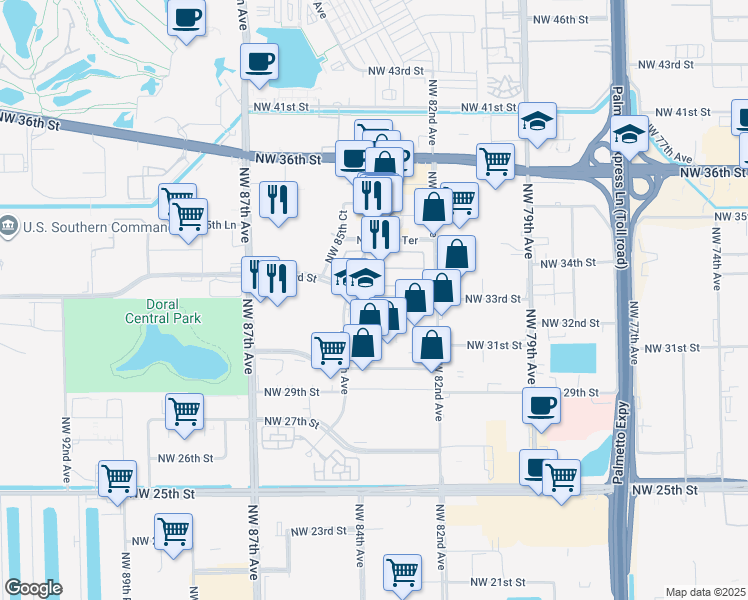 map of restaurants, bars, coffee shops, grocery stores, and more near 8340 Northwest 33rd Street in Doral