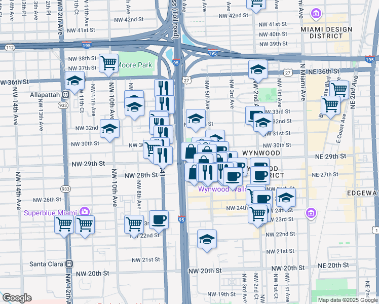 map of restaurants, bars, coffee shops, grocery stores, and more near 584 Northwest 30th Street in Miami