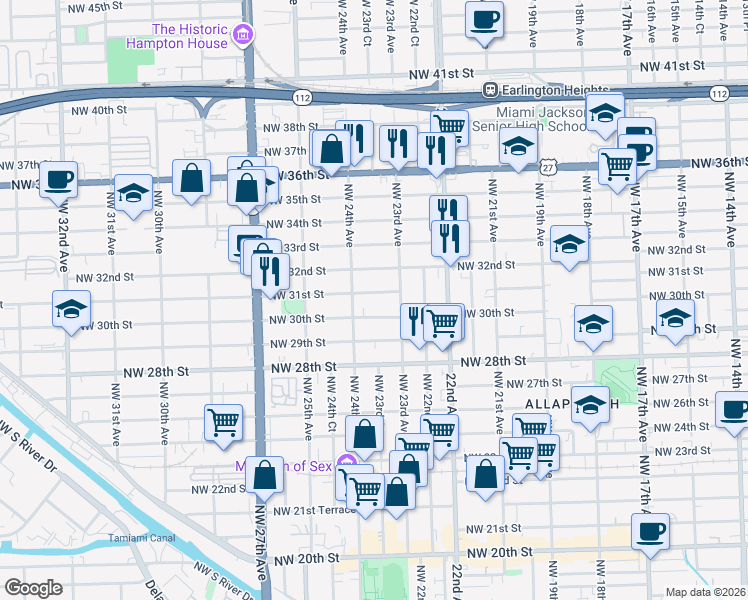 map of restaurants, bars, coffee shops, grocery stores, and more near 2354 Northwest 31st Street in Miami