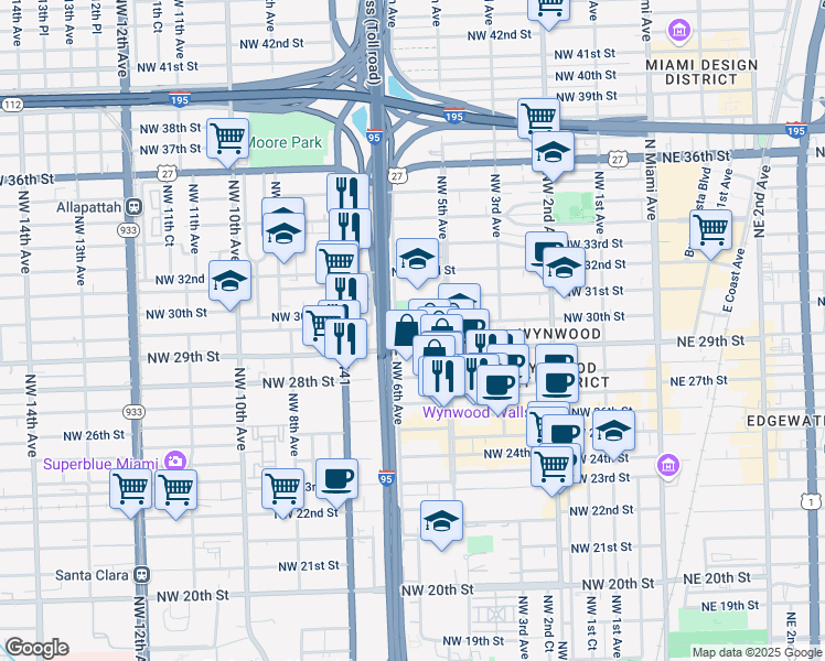 map of restaurants, bars, coffee shops, grocery stores, and more near 584 Northwest 30th Street in Miami