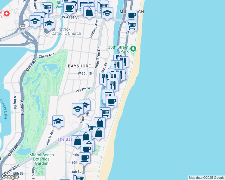 map of restaurants, bars, coffee shops, grocery stores, and more near Collins Ave & 28th St in Miami Beach