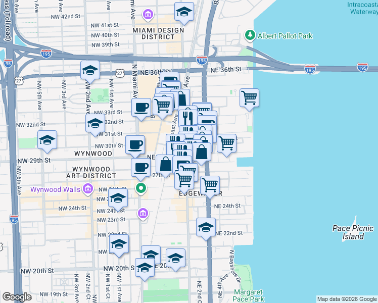 map of restaurants, bars, coffee shops, grocery stores, and more near 2920 Northeast 2nd Court in Miami