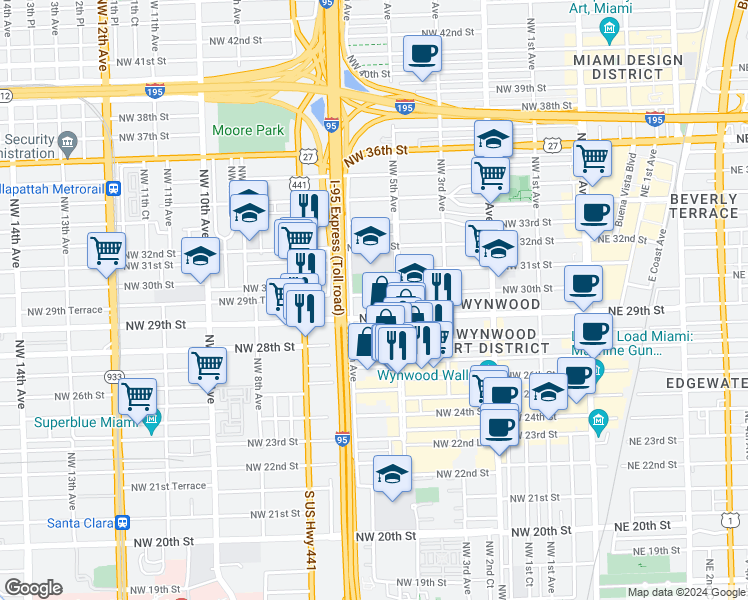 map of restaurants, bars, coffee shops, grocery stores, and more near 584 Northwest 30th Street in Miami