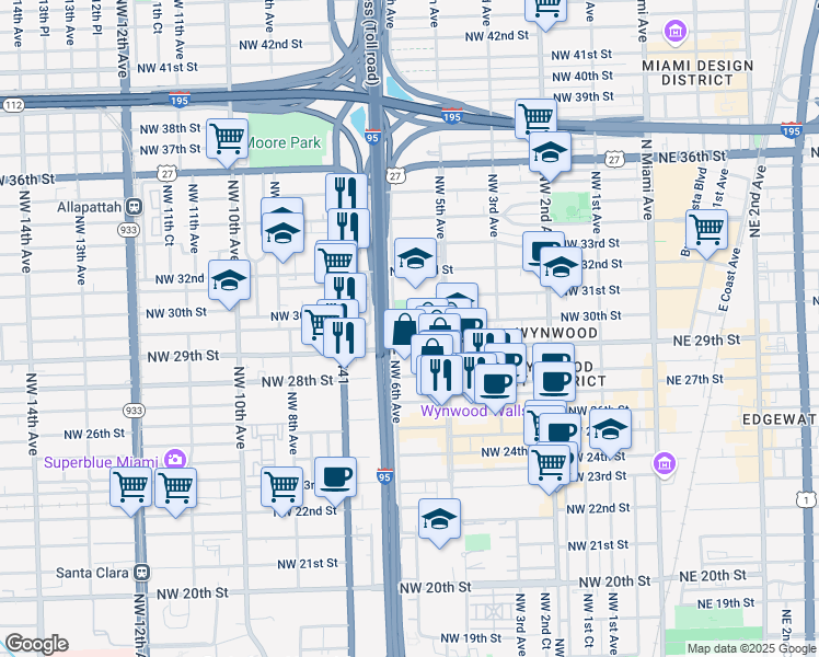 map of restaurants, bars, coffee shops, grocery stores, and more near 584 Northwest 30th Street in Miami