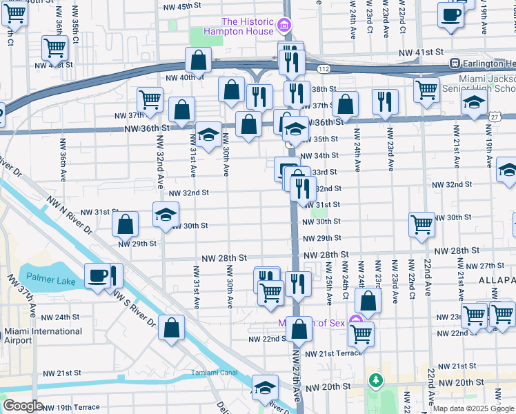 map of restaurants, bars, coffee shops, grocery stores, and more near 2927 Northwest 31st Street in Miami