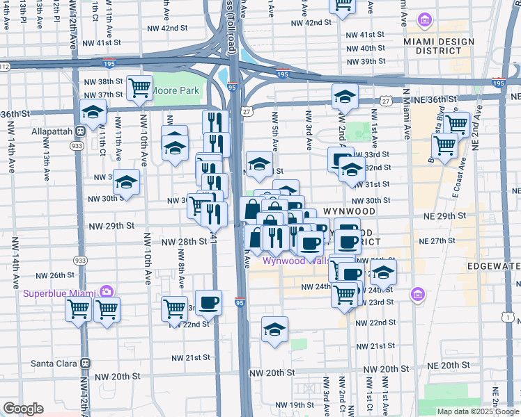 map of restaurants, bars, coffee shops, grocery stores, and more near 584 Northwest 30th Street in Miami