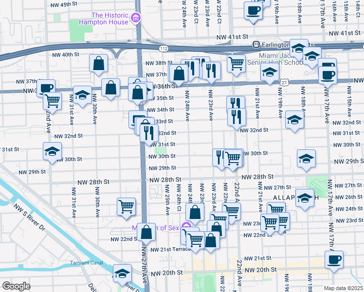 map of restaurants, bars, coffee shops, grocery stores, and more near 2425 Northwest 31st Street in Miami