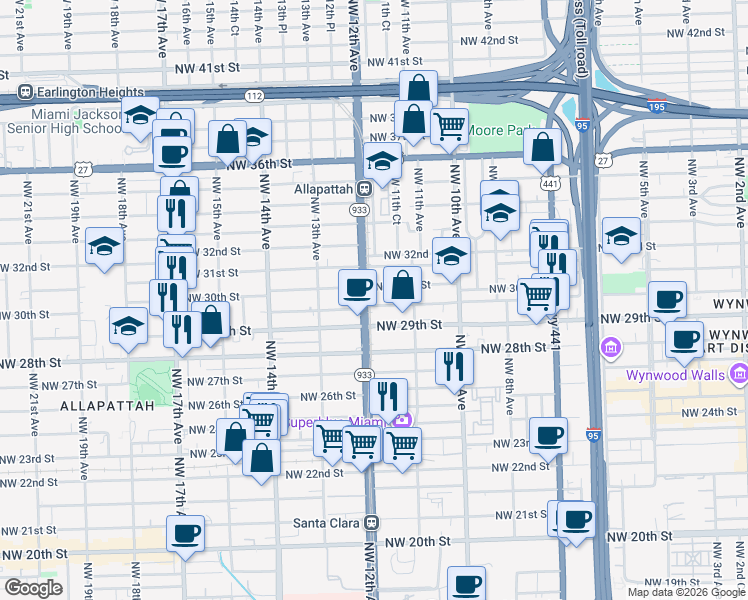 map of restaurants, bars, coffee shops, grocery stores, and more near 2960 Northwest 12th Avenue in Miami