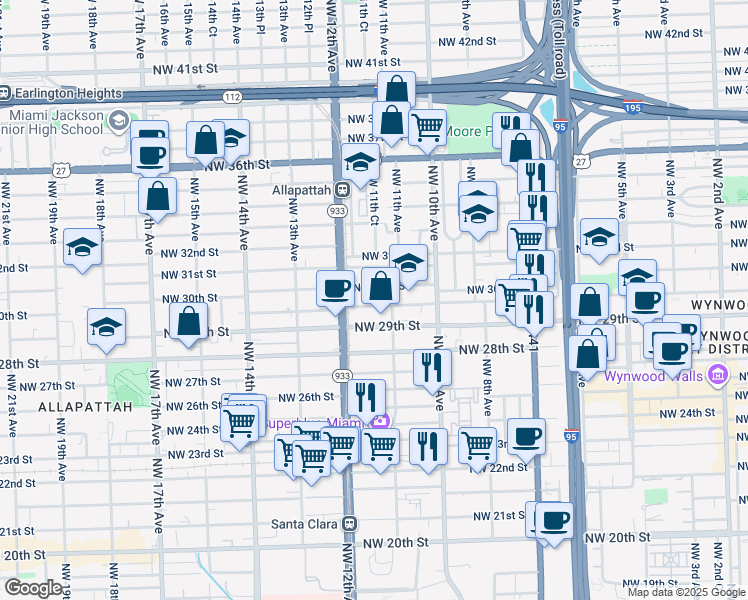 map of restaurants, bars, coffee shops, grocery stores, and more near 1131 Northwest 29th Terrace in Miami