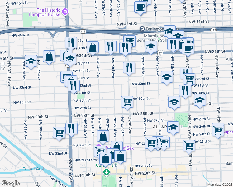map of restaurants, bars, coffee shops, grocery stores, and more near 3041 Northwest 23rd Avenue in Miami