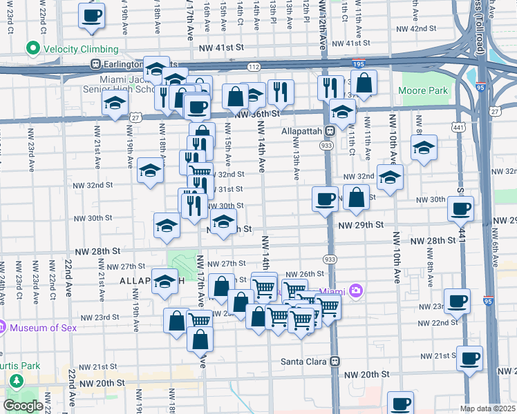 map of restaurants, bars, coffee shops, grocery stores, and more near 1410 Northwest 30th Street in Miami