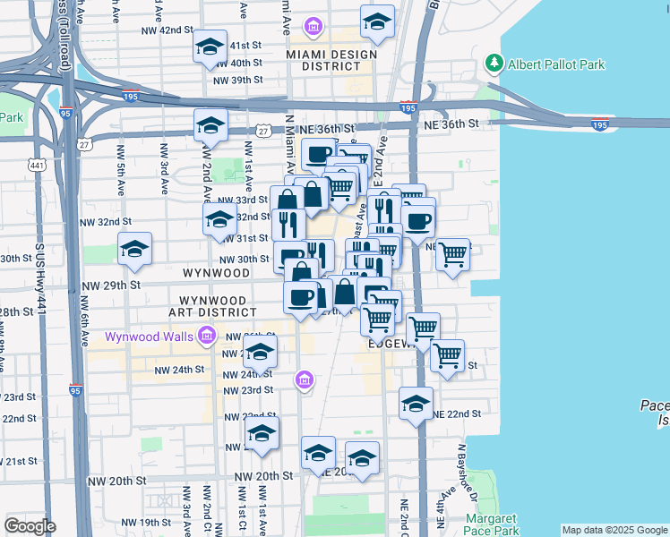 map of restaurants, bars, coffee shops, grocery stores, and more near 2901 Northeast 1st Avenue in Miami