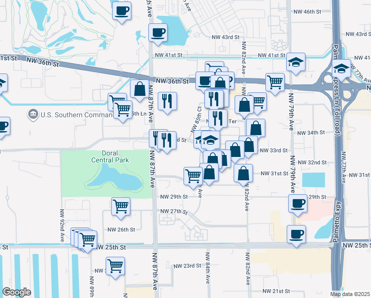 map of restaurants, bars, coffee shops, grocery stores, and more near 8450 Northwest 33rd Street in Doral