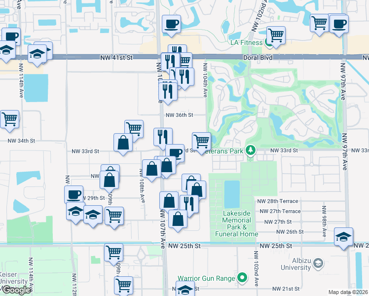 map of restaurants, bars, coffee shops, grocery stores, and more near 6611 Northwest 105th Avenue in Doral