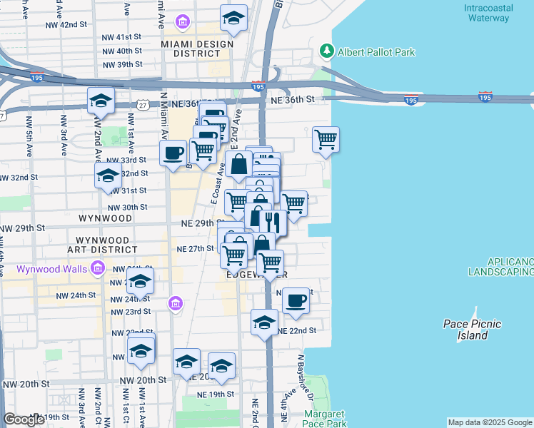 map of restaurants, bars, coffee shops, grocery stores, and more near 2915 Biscayne Boulevard in Miami