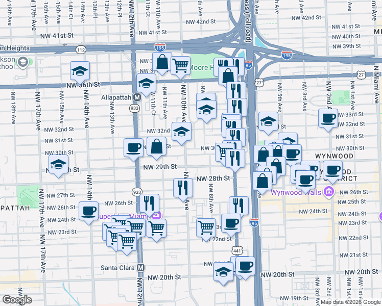 map of restaurants, bars, coffee shops, grocery stores, and more near 919 Northwest 29th Terrace in Miami