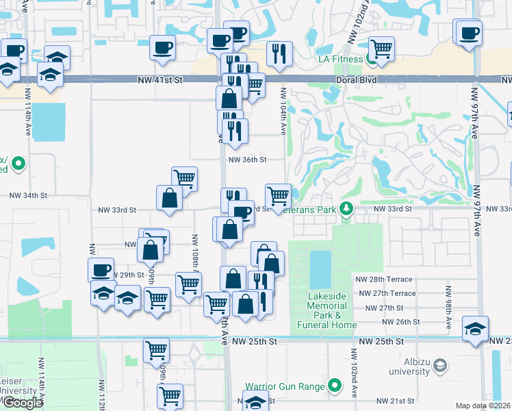 map of restaurants, bars, coffee shops, grocery stores, and more near 10451 Northwest 105th Avenue in Doral