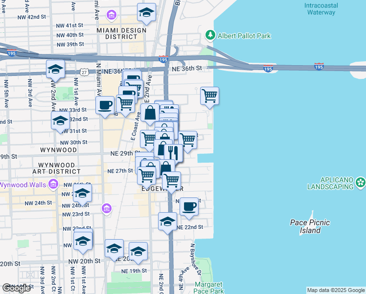 map of restaurants, bars, coffee shops, grocery stores, and more near 401 Northeast 29th Street in Miami