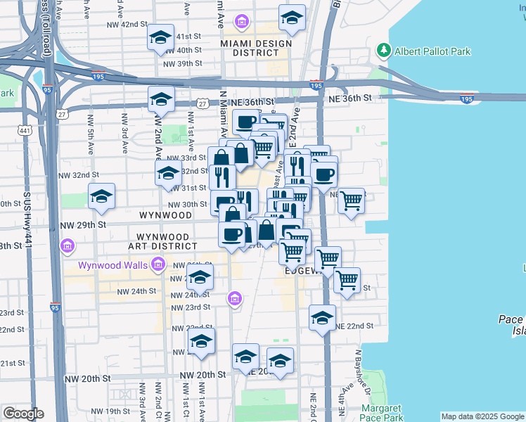 map of restaurants, bars, coffee shops, grocery stores, and more near 2901 Northeast 1st Avenue in Miami