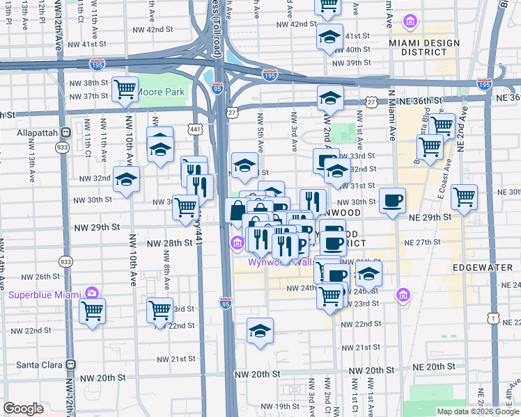 map of restaurants, bars, coffee shops, grocery stores, and more near 2952 Northwest 5 Avenue in Miami