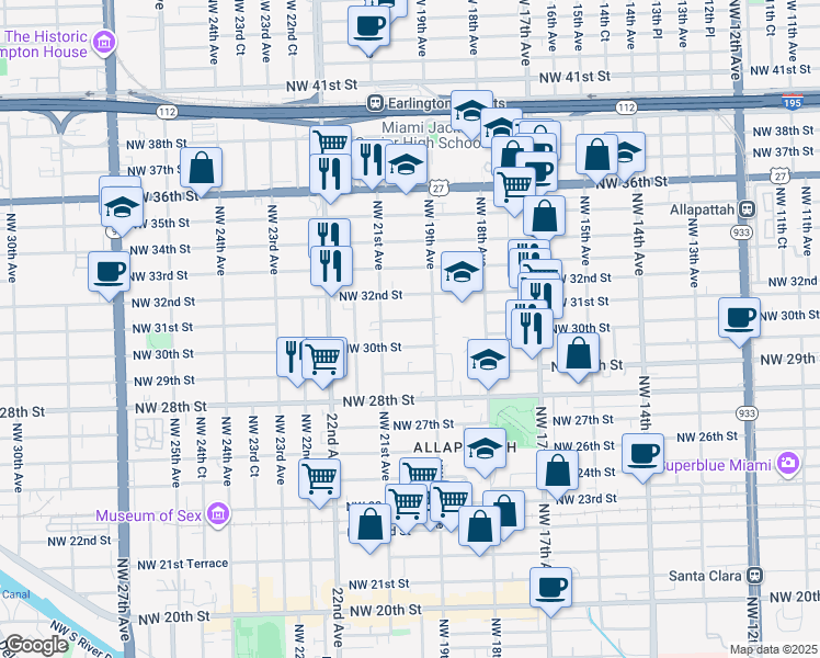map of restaurants, bars, coffee shops, grocery stores, and more near 2000 Northwest 31st Street in Miami