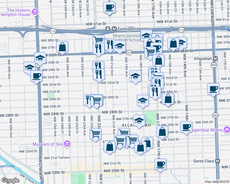 map of restaurants, bars, coffee shops, grocery stores, and more near 2000 Northwest 31st Street in Miami