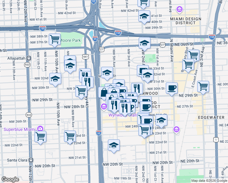 map of restaurants, bars, coffee shops, grocery stores, and more near 2952 Northwest 5 Avenue in Miami