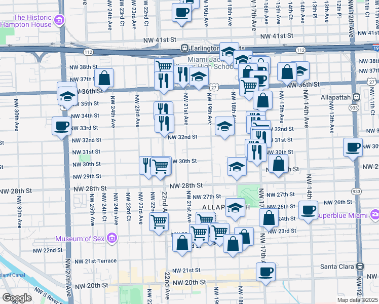 map of restaurants, bars, coffee shops, grocery stores, and more near 2000 Northwest 31st Street in Miami