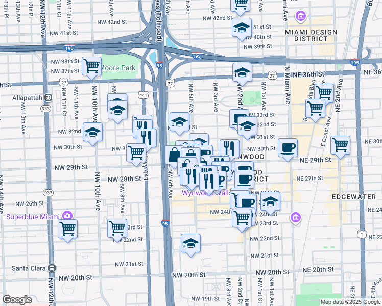 map of restaurants, bars, coffee shops, grocery stores, and more near 2952 Northwest 5 Avenue in Miami