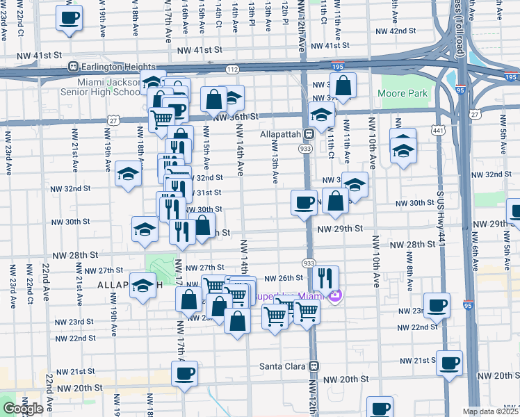 map of restaurants, bars, coffee shops, grocery stores, and more near 1352 Northwest 30th Street in Miami