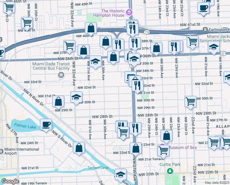 map of restaurants, bars, coffee shops, grocery stores, and more near 2927 Northwest 31st Street in Miami