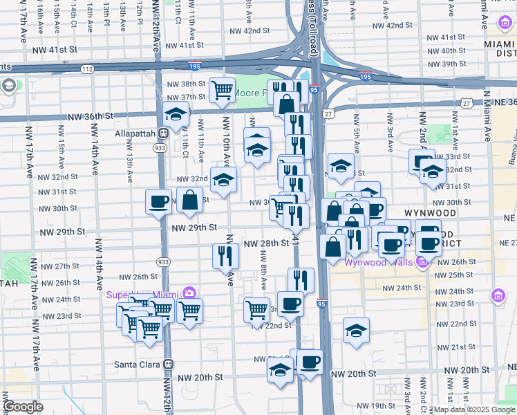 map of restaurants, bars, coffee shops, grocery stores, and more near 797 Northwest 29th Terrace in Miami