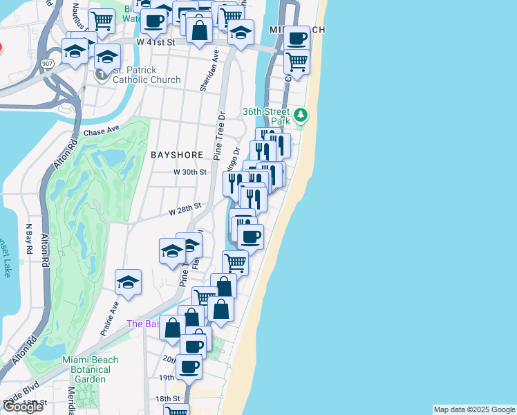 map of restaurants, bars, coffee shops, grocery stores, and more near in Miami Beach