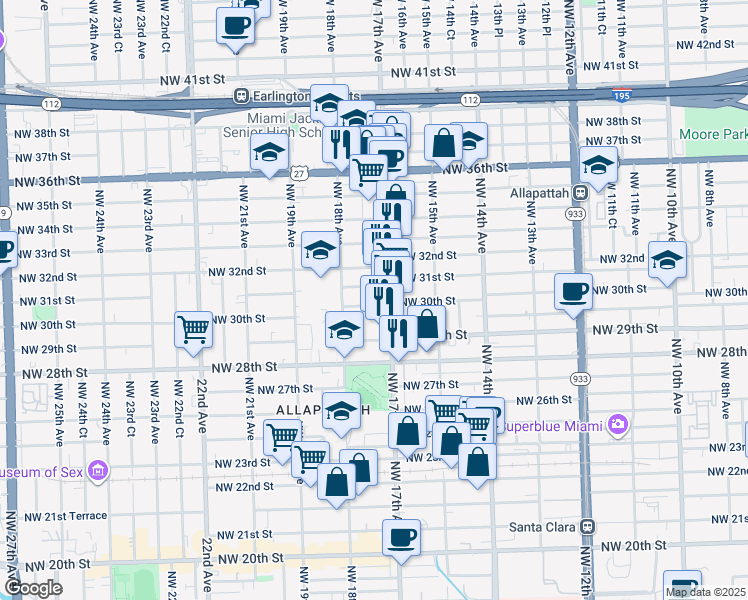 map of restaurants, bars, coffee shops, grocery stores, and more near 1731 Northwest 30th Street in Miami